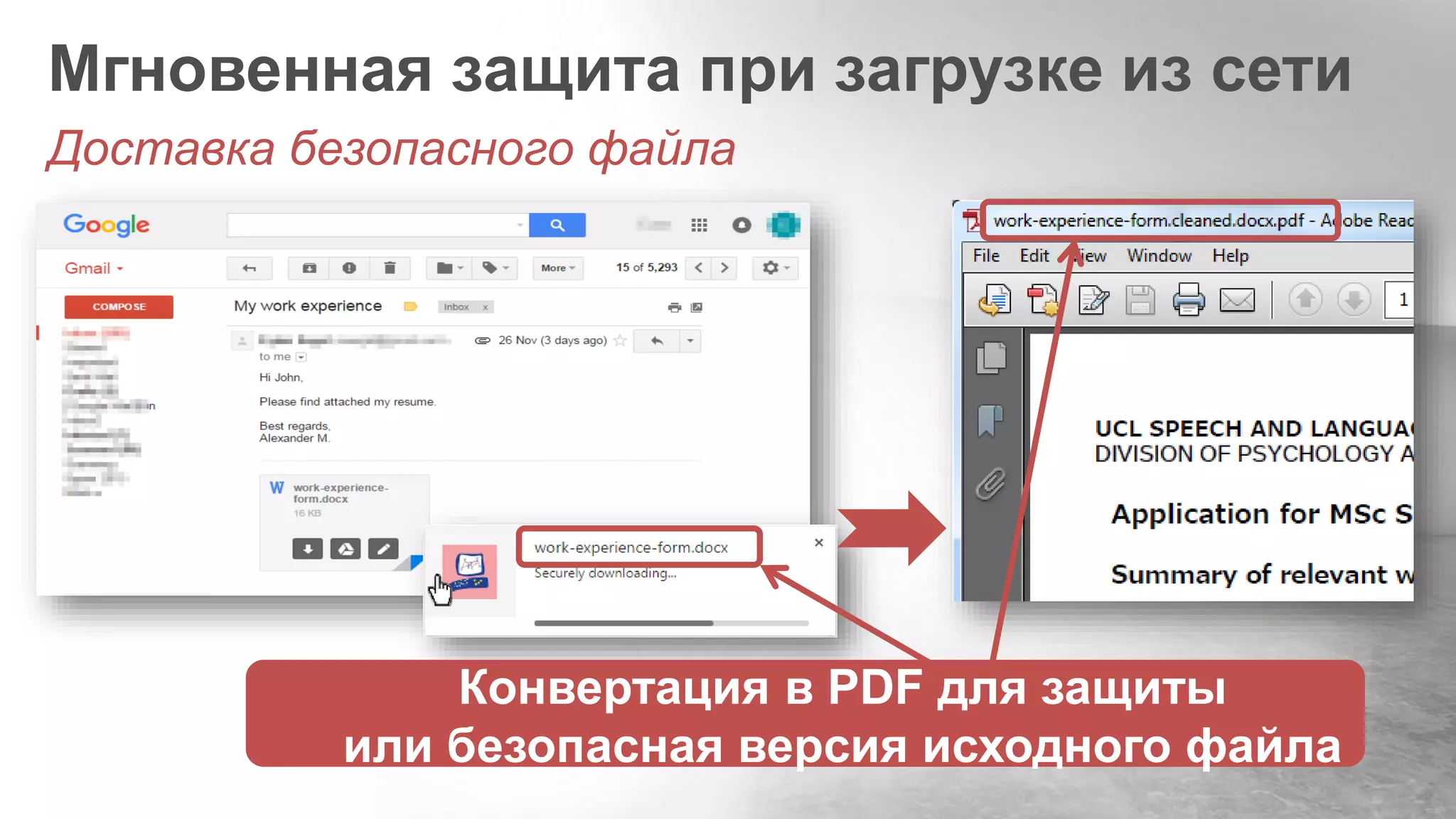 Мгновенная защита при загрузке из сети
Доставка безопасного файла
Конвертация в PDF для защиты
или безопасная версия исходного файла
 