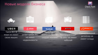 Такси №1 в
мире не имеет
своих машин
Служба
размещения №1
не имеет
недвижимости
Провайдер
контента №1 не
создает контент
Самая
быстрорастущая
ТВ сеть не имеет
кабелей
Самый большой
ретейлер не
имеет склада
Новые модели бизнеса
 