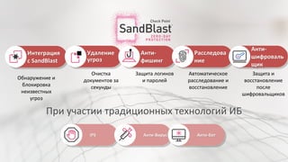 При участии традиционных технологий ИБ
IPS Анти-Вирус Анти-бот
Обнаружение и
блокировка
неизвестных
угроз
Очистка
документов за
секунды
Защита логинов
и паролей
Автоматическое
расследование и
восстановление
Защита и
восстановление
после
шифровальщиков
Интеграция
с SandBlast
Удаление
угроз
Анти-
фишинг
Расследова
ние
Анти-
шифроваль
щик
 