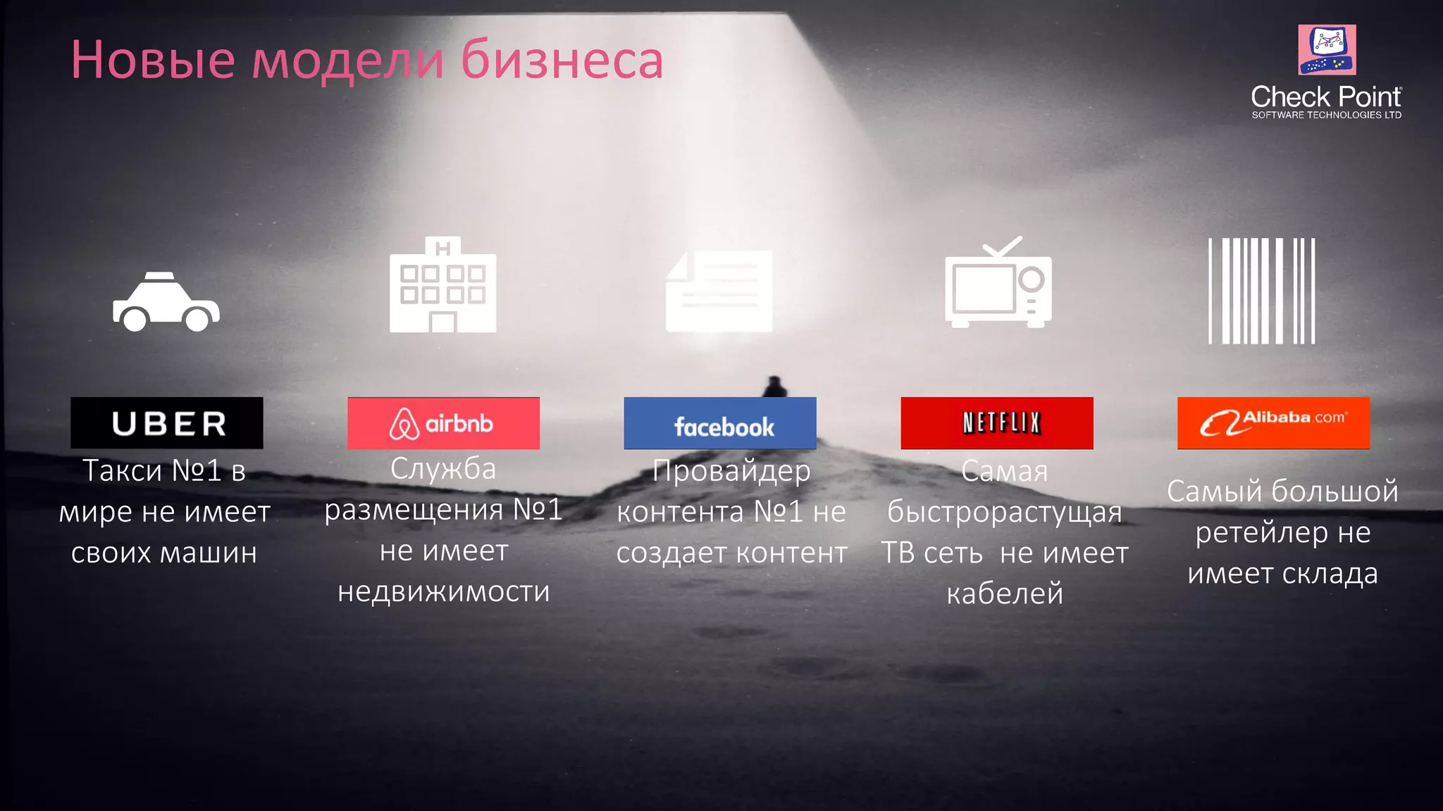 Такси №1 в
мире не имеет
своих машин
Служба
размещения №1
не имеет
недвижимости
Провайдер
контента №1 не
создает контент
Самая
быстрорастущая
ТВ сеть не имеет
кабелей
Самый большой
ретейлер не
имеет склада
Новые модели бизнеса
 