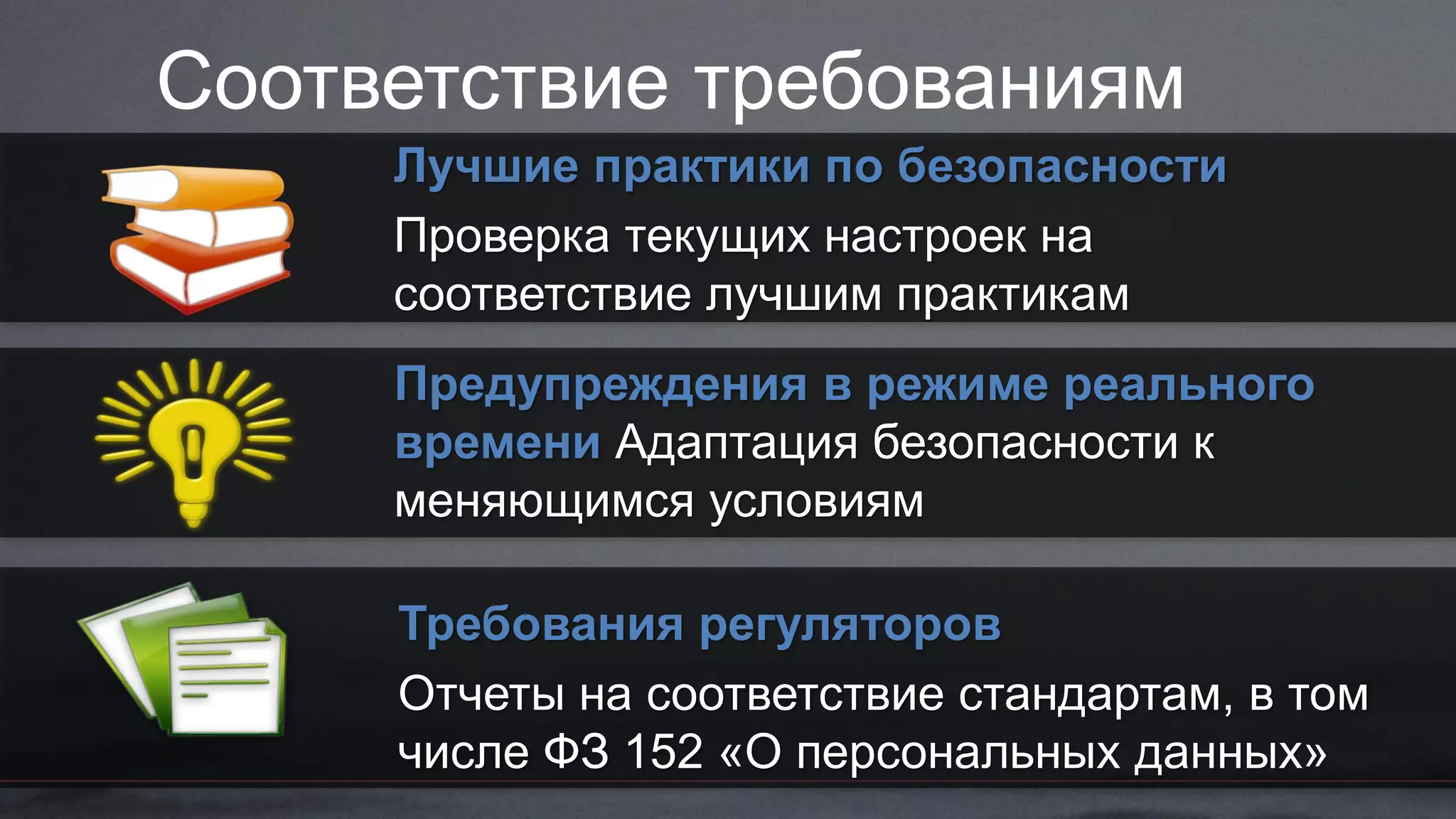 Соответствие требованиям
Лучшие практики по безопасности
Проверка текущих настроек на
соответствие лучшим практикам
Предупреждения в режиме реального
времени Адаптация безопасности к
меняющимся условиям
Требования регуляторов
Отчеты на соответствие стандартам, в том
числе ФЗ 152 «О персональных данных»
 