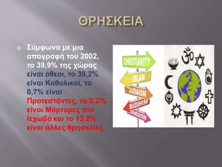  Σύμφωνα με μια
απογραφή του 2002,
το 39,9% της χώρας
είναι άθεοι, το 39,2%
είναι Καθολικοί, το
0,7% είναι
Προτεστάντες, το 0,2%
είναι Μάρτυρες του
Ιεχωβά και το 13,2%
είναι άλλες θρησκείες.
 