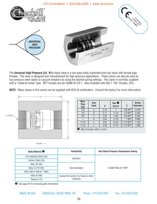 2104/68/EU
C
O
M
PLIAN
T
SeePage
forD
etails
19
q May be larger and/or round.
UNIVERSAL
HIGH
PRESSURE
Nom.
Pipe
Size
Size
Code A
Hex q
Size B C
Orifice
Diameter
3/8 C 2.16 1 3/8 NPT 0.348
1/2 D 2.71 1-1/4 1/2 NPT 0.464
3/4 F 2.95 1-5/8 3/4 NPT 0.593
1 H 3.64 2-1/4 1 NPT 0.890
1-1/4 I 3.91 2-3/4 1-1/4 NPT 1.135
1-1/2 J 4.36 3-1/4 1-1/2 NPT 1.385
w See page 54 for material grade information.
Body Material w Availability Non-Shock Pressure-Temperature Rating
316 Stainless Steel (SS)
Standard
10,000 PSIG @ 100°F
Carbon Steel (CS)
Alloy 20 (A2)
Semi-standardAlloy C-276 (HC)
Alloy 400 or Monel ®
(MO)
Alloy B (HB) Contact the factory for these or other
materialsTitanium (TI)
A
B
FLOW
C (TYP)
MADE IN USA CHECK-ALL VALVE®
MFG. CO. Phone: 515-224-2301 Fax: 515-224-2326
The Universal High Pressure (U1, R1) check valve is a one piece body machined from bar stock with female pipe
threads. The valve is designed and manufactured for high pressure applications. These valves can also be used as
low pressure relief valves or vacuum breakers by using the desired spring settings. This valve is normally supplied
with a “metal-to-metal” seat. NPT threads are per ASME B1.20.1. Also available with ISO 7 “Rp” threads. (R1).
NOTE: Many valves in this series can be supplied with B16.34 certification. Consult the factory for more information.
CTi Controltech | 925-208-4250 | www.cti-ct.com
 