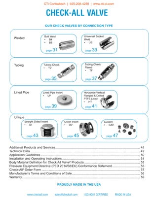 Additional Products and Services.................................................................................................. 48
Technical Data ............................................................................................................................... 49
Application Guidelines ................................................................................................................... 50
Installation and Operating Instructions .......................................................................................... 51
Body Material Definition for Check-All Valve®
Products................................................................. 53
Pressure Equipment Directive (PED 2014/68/EU) Conformance Statement ................................ 55
Check-All®
Order Form .................................................................................................................. 57
Manufacturer’s Terms and Conditions of Sale............................................................................... 58
Warranty......................................................................................................................................... 59
PROUDLY MADE IN THE USA
CHECK-ALL VALVE
www.checkall.com sales@checkall.com ISO 9001 CERTIFIED MADE IN USA
Universal Socket
Weld
US•
Butt Weld
B4•
B8•
Tubing Check
TV•
Tubing Check
Flared
TF•
Lined Pipe Insert
LP•
Horizontal-Vertical
Flanged & Drilled
PTFE Lined
HT•
Straight Sided Insert
SI•
Union Insert
UV•
Custom
CAV•
Welded
Tubing
Lined Pipe
Unique
OUR CHECK VALVES BY CONNECTION TYPE
page 43 page 45 page 47
page 41page 39
page 35 page 37
page 33page 31
CTi Controltech | 925-208-4250 | www.cti-ct.com
 