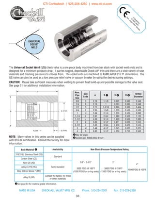 33
2104/68/EU
C
O
M
PLIAN
T
See
page
55forD
etails
qMay be larger.
wSockets per ASME/ANSI B16.11.
UNIVERSAL
SOCKET
WELD
Nom.
Pipe
Size
Size
Code
A B q C w D w
Orifice
Diameter
3/8 C 2.16 1-1/8 0.695 0.385 0.348
1/4 B 2.16 1 0.563 0.385 0.348
1/2 D 2.71 1-5/16 0.860 0.385 0.464
3/4 F 2.95 1-5/8 1.070 0.505 0.593
1 H 3.64 2-1/4 1.335 0.505 0.890
1-1/4 I 3.91 2-3/4 1.680 0.505 1.135
1-1/2 J 4.36 3-1/4 1.920 0.505 1.385
2 K 5.85 3-1/2 2.411 0.625 1.555
2-1/2 L 5.00 3-3/4 2.919 0.625 1.555
3 M 5.44 4-1/2 3.545 0.625 2.025
4 N 6.80 5-1/2 4.550 0.755 2.560
eSee page 54 for material grade information.
Body Material e Availability Non-Shock Pressure-Temperature Rating
316/316L Stainless Steel (SS)
Standard
3/8” - 2-1/2”
5000 PSIG @ 100°F
(1500 PSIG for o-ring seats)
3”
3000 PSIG @ 100°F
(1500 PSIG for o-ring seats)
4”
1500 PSIG @ 100°F
Carbon Steel (CS)
Alloy 20 (A2)
Semi-standardAlloy C-276 (HC)
Alloy 400 or Monel ®
(MO)
Alloy B (HB)
Contact the factory for these
or other materials
The Universal Socket Weld (US) check valve is a one piece body machined from bar stock with socket weld ends and is
designed for a minimum pressure drop. It carries rugged, dependable Check-All®
trim and there are a wide variety of seat
materials and cracking pressures to choose from. The socket ends are machined to ASME/ANSI B16.11 dimensions. The
US valve can also be used as a low pressure relief valve or vacuum breaker by using the desired spring settings.
CAUTION: Please take sufficient measures when welding to prevent heat build-up and possible damage to the valve seat.
See page 51 for additional installation information.
MADE IN USA CHECK-ALL VALVE®
MFG. CO. Phone: 515-224-2301 Fax: 515-224-2326
NOTE: Many valves in this series can be supplied
with B16.34 certification. Consult the factory for more
information.
CTi Controltech | 925-208-4250 | www.cti-ct.com
 