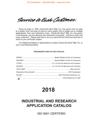 TRADEMARKS USED IN THIS CATALOG:
MONEL®
...................................................................... Special Metals Family of Companies
INCONEL®
.................................................................... Special Metals Family of Companies
VITON®
.................................................................... E.I. du Pont de Nemours and Company
KALREZ®
................................................................ E.I. du Pont de Nemours and Company
TRI-CLAMP®
.................................................................................................... Alfa Laval Inc.
Waukesha Cherry-Burrell®
.......................................................................... SPX Corporation
AFLAS®
.................................................................................. AGC Chemicals Americas, Inc.
............................................................................................ Administered by 3-A SSI
ISO 9001 CERTIFIED
Since its origin in 1958, Check-All Valve®
Mfg. Co. has grown from an idea
to a reality; from one type of valve to many styles; from a single use to multiple
applications; from one material to many. Check-All Valve®
Mfg. Co. has grown
in all respects, yet one element has remained unchanged…service to each and
every customer. Please feel free to put our personal and technical services to
work on your particular project.
For Additional Details or Specifications contact Check-All Valve®
Mfg. Co. or
your Local Representative.
INDUSTRIAL AND RESEARCH
APPLICATION CATALOG
®
2018
CTi Controltech | 925-208-4250 | www.cti-ct.com
 
