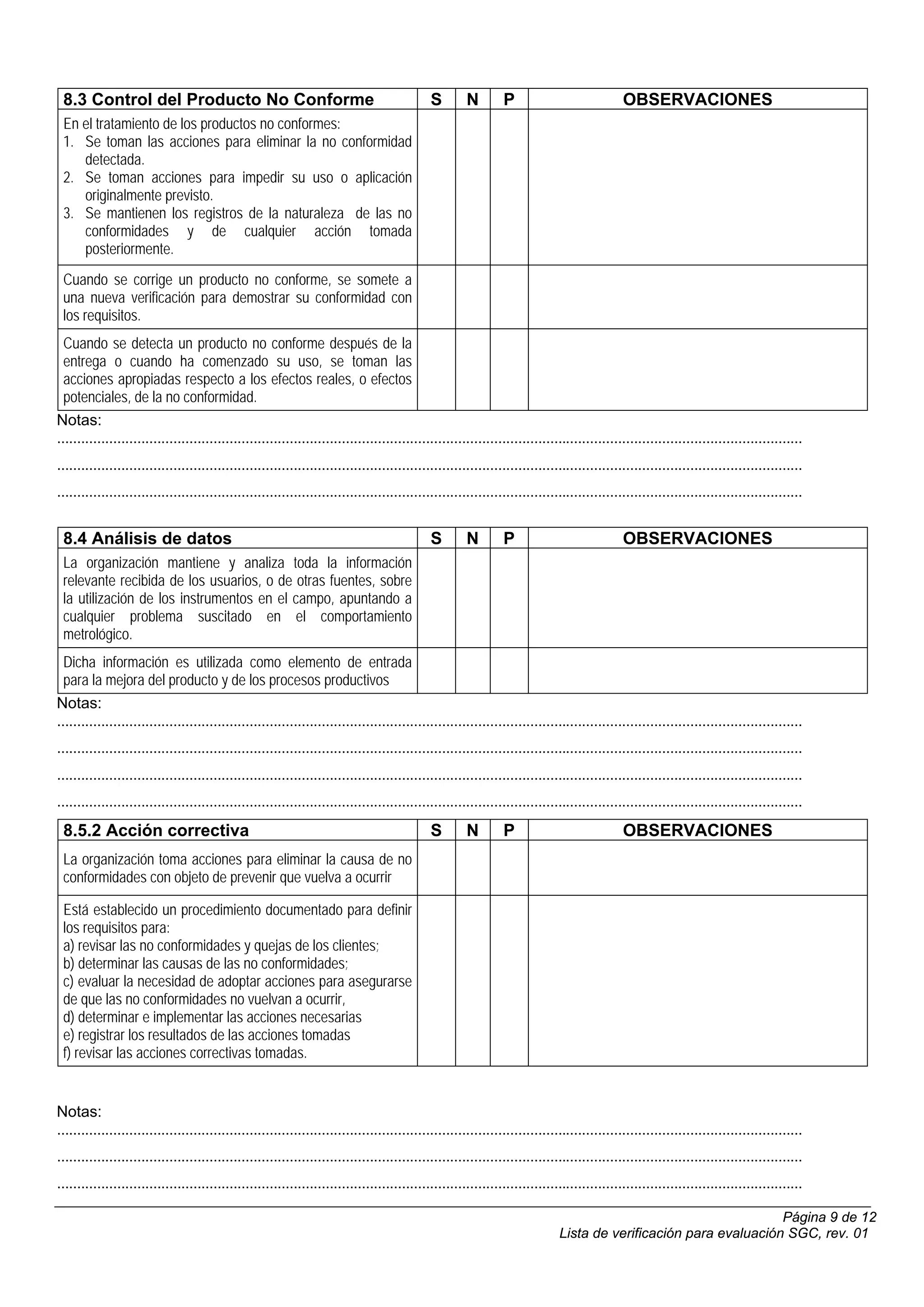 8.3 Control del Producto No Conforme                                                        S        N        P                             OBSERVACIONES
 En el tratamiento de los productos no conformes:
 1. Se toman las acciones para eliminar la no conformidad
    detectada.
 2. Se toman acciones para impedir su uso o aplicación
    originalmente previsto.
 3. Se mantienen los registros de la naturaleza de las no
    conformidades y de cualquier acción tomada
    posteriormente.
 Cuando se corrige un producto no conforme, se somete a
 una nueva verificación para demostrar su conformidad con
 los requisitos.
  Cuando se detecta un producto no conforme después de la
  entrega o cuando ha comenzado su uso, se toman las
  acciones apropiadas respecto a los efectos reales, o efectos
  potenciales, de la no conformidad.
Notas:
..........................................................................................................................................................................................
..........................................................................................................................................................................................
..........................................................................................................................................................................................


 8.4 Análisis de datos                                                                       S        N        P                             OBSERVACIONES
 La organización mantiene y analiza toda la información
 relevante recibida de los usuarios, o de otras fuentes, sobre
 la utilización de los instrumentos en el campo, apuntando a
 cualquier problema suscitado en el comportamiento
 metrológico.
  Dicha información es utilizada como elemento de entrada
  para la mejora del producto y de los procesos productivos
Notas:
..........................................................................................................................................................................................
..........................................................................................................................................................................................
..........................................................................................................................................................................................
..........................................................................................................................................................................................
 8.5.2 Acción correctiva                                                                     S        N        P                             OBSERVACIONES
 La organización toma acciones para eliminar la causa de no
 conformidades con objeto de prevenir que vuelva a ocurrir

 Está establecido un procedimiento documentado para definir
 los requisitos para:
 a) revisar las no conformidades y quejas de los clientes;
 b) determinar las causas de las no conformidades;
 c) evaluar la necesidad de adoptar acciones para asegurarse
 de que las no conformidades no vuelvan a ocurrir,
 d) determinar e implementar las acciones necesarias
 e) registrar los resultados de las acciones tomadas
 f) revisar las acciones correctivas tomadas.


Notas:
..........................................................................................................................................................................................
..........................................................................................................................................................................................
..........................................................................................................................................................................................

                                                                                                                                                                  Página 9 de 12
                                                                                                                             Lista de verificación para evaluación SGC, rev. 01
 