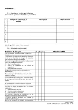 3.- Ensayos.


      3.1.- Listado de modelos aprobados.
(Indicar todas las Aprobaciones de Modelo que posea la firma)



 It        Código de Aprobación de                                  Descripción                           Observaciones
                   Modelo
1.

2.

3.

4.

5.

6.

Nota: Agregar listado adjunto si fuese necesario.

      3.2.- Desarrollo de Ensayos.

 Desarrollo de Ensayos                                          S   N   P                   OBSERVACIONES
 Son adecuadas las instalaciones donde se realizan los
 ensayos.
 Se encuentran establecidas las condiciones ambientales
 en la que se desarrollan los ensayos. Se encuentran
 adecuadamente controladas y registradas.
 Se cuenta con procedimientos escritos de los ensayos
 que se desarrollan los que permitan:
 1. Llevar a cabo los ensayos
 2. Verificar el cumplimiento de los criterios de
      aceptación; y
 3. Mantenimiento de los registros.
 Los procedimientos se encuentran adecuadamente
 implementados
 Se cuenta con procedimientos, instrucciones etc de los
 equipos de ensayos.
 Se ha establecido y se cuenta con los registros necesarios
 de la competencia técnica del personal que realiza los
 ensayos

 El personal que ha realizado el ensayo es competente.

 Se cuenta con un plan de calibración en el que se hallen
 establecidos:
 1. La frecuencia de calibración.
 2. El cronograma de recalibraciones
 3. Como se asegura la trazabilidad.
 Se encuentra establecida la incertidumbre de las
 mediciones realizadas.(cuando corresponda)
 Se utilizan formularios apropiados para registrar los
 resultados de los ensayos.
 En caso de subcontratar los ensayos. Como asegura la
                                                                                                                     Página 11 de 12
                                                                                  Lista de verificación para evaluación SGC, rev. 01
 