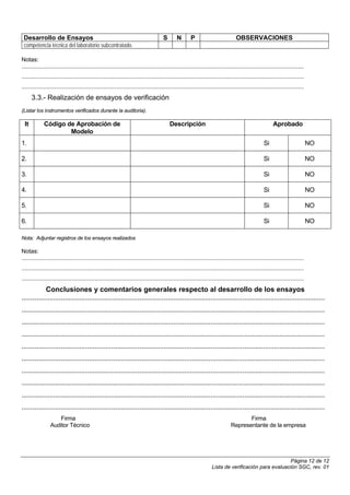 Desarrollo de Ensayos                                                                       S        N        P                             OBSERVACIONES
 competencia técnica del laboratorio subcontratado.

Notas:
..........................................................................................................................................................................................
..........................................................................................................................................................................................
..........................................................................................................................................................................................
       3.3.- Realización de ensayos de verificación
(Listar los instrumentos verificados durante la auditoria).

  It          Código de Aprobación de                                                            Descripción                                                         Aprobado
                      Modelo
1.                                                                                                                                                             Si                            NO

2.                                                                                                                                                             Si                            NO

3.                                                                                                                                                             Si                            NO

4.                                                                                                                                                             Si                            NO

5.                                                                                                                                                             Si                            NO

6.                                                                                                                                                             Si                            NO

Nota: Adjuntar registros de los ensayos realizados

Notas:
..........................................................................................................................................................................................
..........................................................................................................................................................................................
..........................................................................................................................................................................................
             Conclusiones y comentarios generales respecto al desarrollo de los ensayos
..................................................................................................................................................................
..................................................................................................................................................................
..................................................................................................................................................................
..................................................................................................................................................................
..................................................................................................................................................................
..................................................................................................................................................................
..................................................................................................................................................................
..................................................................................................................................................................
..................................................................................................................................................................
..................................................................................................................................................................
                      Firma                                                                                                                     Firma
                   Auditor Técnico                                                                                                       Representante de la empresa




                                                                                                                                                                Página 12 de 12
                                                                                                                             Lista de verificación para evaluación SGC, rev. 01
 