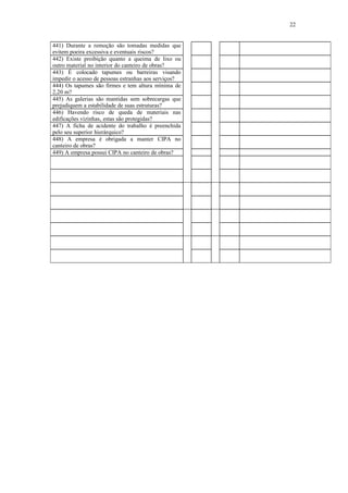 22
441) Durante a remoção são tomadas medidas que
evitem poeira excessiva e eventuais riscos?
442) Existe proibição quanto a queima de lixo ou
outro material no interior do canteiro de obras?
443) É colocado tapumes ou barreiras visando
impedir o acesso de pessoas estranhas aos serviços?
444) Os tapumes são firmes e tem altura mínima de
2,20 m?
445) As galerias são mantidas sem sobrecargas que
prejudiquem a estabilidade de suas estruturas?
446) Havendo risco de queda de materiais nas
edificações vizinhas, estas são protegidas?
447) A ficha de acidente do trabalho é preenchida
pelo seu superior hierárquico?
448) A empresa é obrigada a manter CIPA no
canteiro de obras?
449) A empresa possui CIPA no canteiro de obras?
 