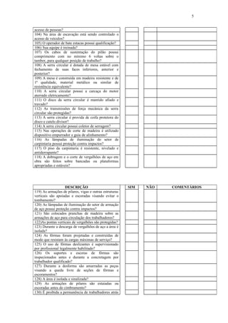 5
acesso de pessoas?
104) Na área de escavação está sendo controlado o
acesso de veículos?
105) O operador de bate estacas possui qualificação?
106) Sua equipe é treinada?
107) Os cabos de sustentação do pilão possui
comprimento com no mínimo 6 voltas sobre o
tambor, para qualquer posição de trabalho?
108) A serra circular é dotada de mesa estável com
fechamento de suas faces inferiores, anterior e
posterior?
109) A mesa é construída em madeira resistente e de
1ª qualidade, material metálico ou similar de
resistência equivalente?
110) A serra circular possui a carcaça do motor
aterrado eletricamente?
111) O disco da serra circular é mantido afiado e
travado?
112) As transmissões de força mecânica da serra
circular são protegidas?
113) A serra circular é provida de coifa protetora do
disco e cutelo divisor?
114) A serra circular possui coletor de serragem?
115) Nas operações de corte de madeira é utilizado
dispositivo empurrador e guia de alinhamento?
116) As lâmpadas de iluminação do setor de
carpintaria possui proteção contra impactos?
117) O piso da carpintaria é resistente, nivelado e
antiderrapante?
118) A dobragem e o corte de vergalhões de aço em
obra são feitos sobre bancadas ou plataformas
apropriadas e estáveis?
DESCRIÇÃO SIM NÃO COMENTÁRIOS
119) As armações de pilares, vigas e outras estruturas
verticais são apoiadas e escoradas visando evitar o
tombamento?
120) As lâmpadas de iluminação do setor de armação
de aço possui proteção contra impactos?
121) São colocados pranchas de madeira sobre as
armações de aço para circulação dos trabalhadores?
122)As pontas verticais de vergalhões são protegidas?
123) Durante a descarga de vergalhões de aço a área é
isolada?
124) As fôrmas foram projetadas e construídas de
modo que resistam às cargas máximas de serviço?
125) O uso de fôrmas deslizantes é supervisionado
por profissional legalmente habilitado?
126) Os suportes e escoras de fôrmas são
inspecionados antes e durante a concretagem por
trabalhador qualificado?
127) Durante a desforma são amarradas as peças
visando a queda livre de seções de fôrmas e
escoramentos?
128) A área é isolada e sinalizada?
129) As armações de pilares são estaiadas ou
escoradas antes do cimbramento?
130) É proibida a permanência de trabalhadores atrás
 