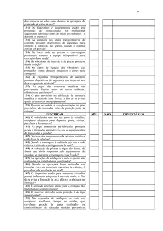 6
dos macacos ou sobre estes durante as operações de
protensão de cabos de aço?
131) Os dispositivos e equipamentos usados em
protensão são inspecionados por profissional
legalmente habilitado antes do inicio dos trabalhos e
durante os mesmos?
132) As conexões dos dutos transportadores de
concreto possuem dispositivos de segurança para
impedir a separação das partes, quando o sistema
estiver sob pressão?
133) No local onde se executa a concretagem
permanece somente a equipe indispensável para
execução dessa tarefa?
134) Os vibradores de imersão e de placas possuem
dupla isolação?
135) Os cabos de ligação dos vibradores são
protegidos contra choques mecânicos e cortes pela
ferragem?
136) As caçambas transportadoras de concreto
possuem dispositivos de segurança que impeçam seu
descarregamento acidental?
137) As peças das estruturas metálicas são
previamente fixadas antes de serem soldadas,
rebitadas ou parafusadas?
138) O piso provisório na edificação de estrutura
metálica é montado sem frestas, a fim de se evitar
queda de materiais ou equipamentos?
139) Quando necessária a complementação do piso
provisório, são instaladas redes de proteção junto às
colunas?
DESCRIÇÃO SIM NÃO COMENTÁRIOS
140) O trabalhador tem em seu posto de trabalho,
recipiente adequado para depositar pinos, rebites,
parafusos e ferramentas?
141) As peças estruturais pré-fabricadas possuem
pesos e dimensões compatíveis com os equipamentos
de transportar e guindar?
142) Os elementos componentes da estrutura metálica
estão livre de rebarbas?
143) Quando a montagem é realizada próximo a rede
elétrica, é efetuado o desligamento da rede?
144) A colocação de pilares e vigas são feitos, de
forma que ainda suspensos pelo equipamento de
guindar, se executem a prumagem e sua fixação?
145) As operações de soldagem e corte a quente são
realizadas por trabalhadores qualificados?
146) Quando as operações forem realizadas em
chumbo, zinco ou materiais revestidos de cádmio, é
providenciada ventilação no local?
147) O dispositivo usado para manusear eletrodos
possui isolamento adequado à corrente usada, a fim
de se evitar a formação de arco elétrico ou choques no
operador?
148) É utilizado anteparo eficaz para a proteção dos
trabalhadores circunvizinhos?
149) O material utilizado nesta proteção é do tipo
incombustível?
150) Nas operações de soldagem ou corte em
recipiente, vasilhame, tanque ou similar, que
envolvam geração de gases confinados ou
semiconfinados são adotadas medidas preventivas
 