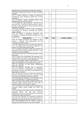 8
dispositivos que a mantenha com abertura constante?
174) Possui comprimento máximo de 6,00 m quando
fechada?
175) A escada extensível é dotada de dispositivo
limitador de curso, colocado no quarto vão a contar
da catraca?
176) Se negativo, quando estendida permite uma
sobreposição de no mínimo 1,00 m?
177) A escada fixa, tipo marinheiro, com 6,00 m ou
mais de altura, é provida de gaiola protetora a partir
de 2,00 m acima da base até 1,00 m acima da última
superfície de trabalho?
178) Para cada lance de 9,00 m existe um patamar
intermediário de descanso, protegido por guarda
corpo e rodapé?
179) As rampas e passarelas provisórias são
construídas e mantidas em perfeitas condições de uso
e segurança?
DESCRIÇÃO SIM NÃO COMENTÁRIOS
180) As rampas provisórias são fixadas no piso
inferior e superior, não ultrapassando 30º de
inclinação em relação ao piso?
181) Nas rampas provisórias, com inclinação superior
a 18º são fixadas peças transversais, espaçadas em
0,40 m, no máximo para apoio dos pés?
182) As rampas provisórias usadas para trânsito de
caminhões possuem largura mínima de 4,00 m e são
fixadas em suas extremidades?
183) Existe ressaltos entre o piso da passarela e o piso
do terreno?
184) Os apoios das extremidades das passarelas são
dimensionados em função do comprimento total das
mesmas e das cargas a que estarão submetidas?
185) Existe proteção coletiva onde houver risco de
queda de trabalhadores ou de projeção de materiais?
186) As aberturas no piso possui fechamento
provisório resistente?
187) As aberturas, utilizadas para o transporte
vertical de materiais e equipamentos, são protegidas
por guarda corpo fixo e por sistema de fechamento do
tipo cancela ou similar?
188) Os vãos de acesso às caixas dos elevadores
possuem fechamento provisório de, no mínimo, 1,20
m de altura, constituído de material resistente?
189) Na periferia da edificação, existe proteção contra
queda de trabalhadores e projeção de materiais?
190) A proteção contra quedas, quando constituída de
anteparos rígidos, possuem altura de 1,20 m para o
travessão superior e 0,70 m para o inferior?
191) A proteção contra quedas, quando constituída de
anteparos rígidos, possui rodapé com altura de
0,20m?
192) A proteção contra quedas, quando constituída de
anteparos rígidos, tem vãos entre travessas
preenchidos com tela ou outro dispositivo que garanta
o fechamento seguro da abertura?
193) Em todo perímetro da construção de edifícios
com mais de 4 pavimentos ou altura equivalente, há
plataforma principal de proteção na altura da 1ª laje?
194) Essa plataforma tem no mínimo 2,50m de
projeção horizontal da face externa da construção?
 