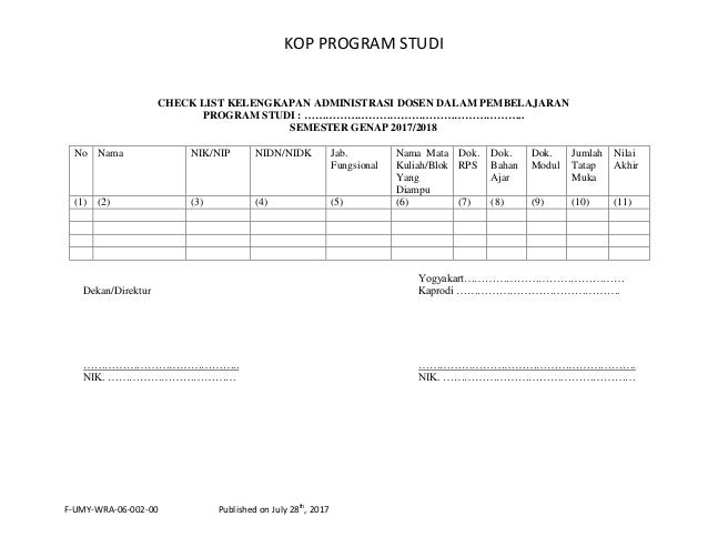 Check List Kelengkapan Administrasi Dosen Dalam Pembelajaran