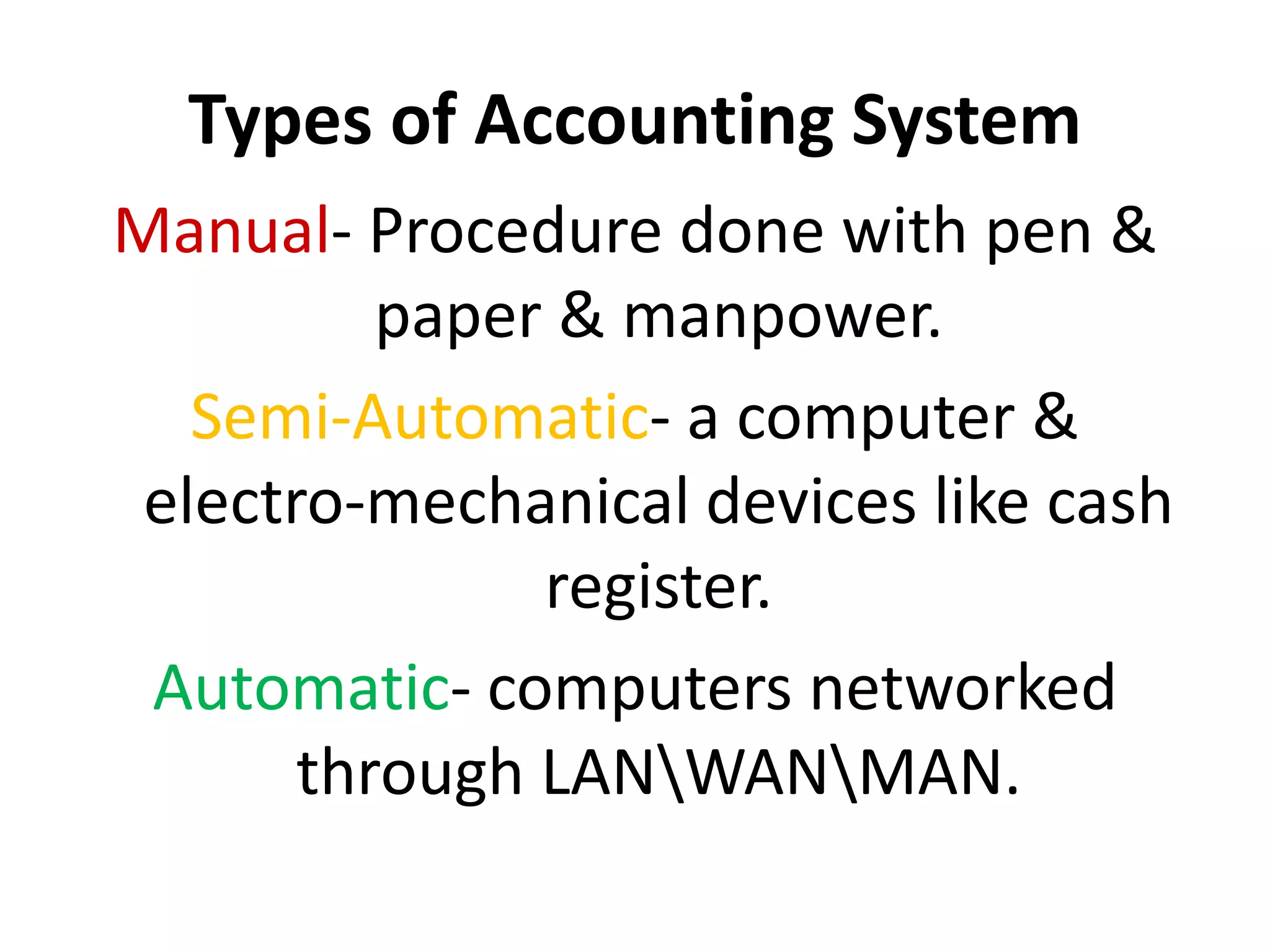 Types of Accounting System
Manual- Procedure done with pen &
paper & manpower.
Semi-Automatic- a computer &
electro-mechanical devices like cash
register.
Automatic- computers networked
through LANWANMAN.
 