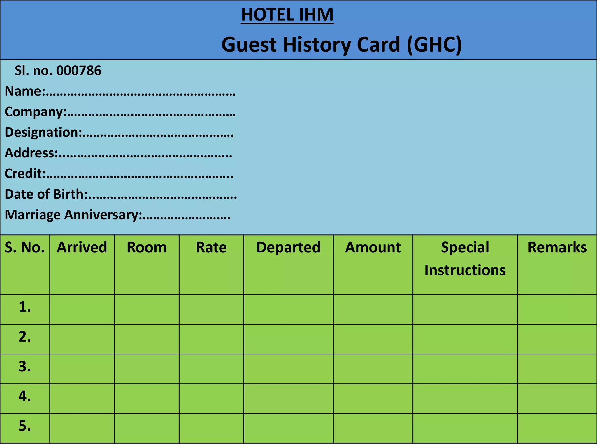 HOTEL IHM
Guest History Card (GHC)
Sl. no. 000786
Name:………………………………………………
Company:…………………………………………
Designation:…………………………………….
Address:..………………………………………..
Credit:……………………………………………..
Date of Birth:..………………………………….
Marriage Anniversary:…………………….
S. No. Arrived Room Rate Departed Amount Special
Instructions
Remarks
1.
2.
3.
4.
5.
 