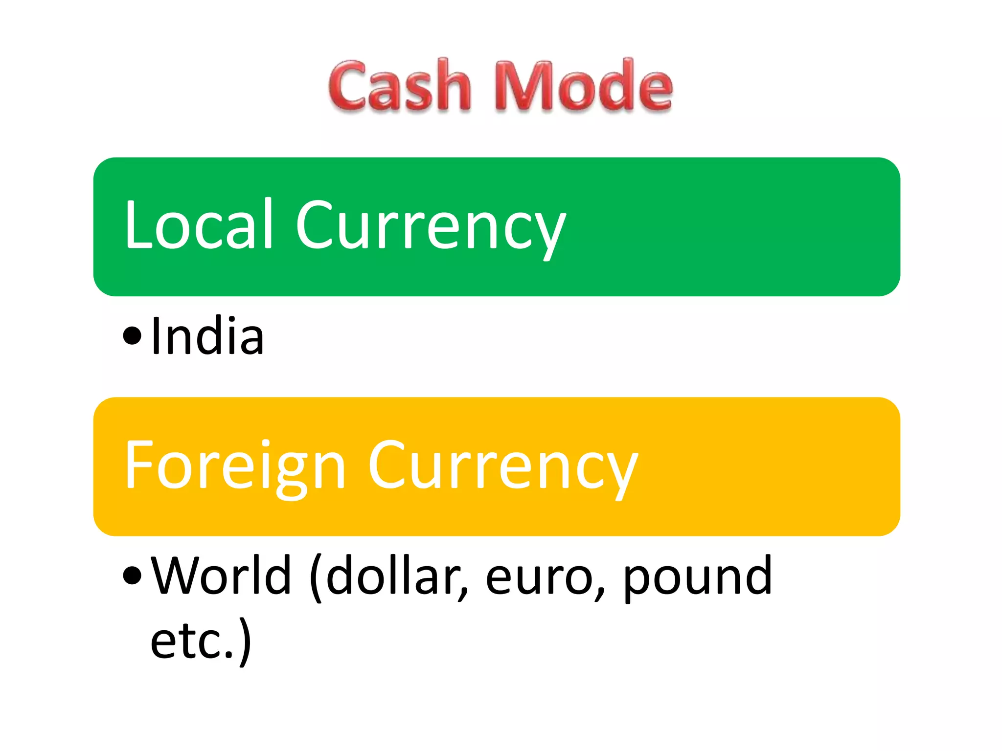 Local Currency
•India
Foreign Currency
•World (dollar, euro, pound
etc.)
 