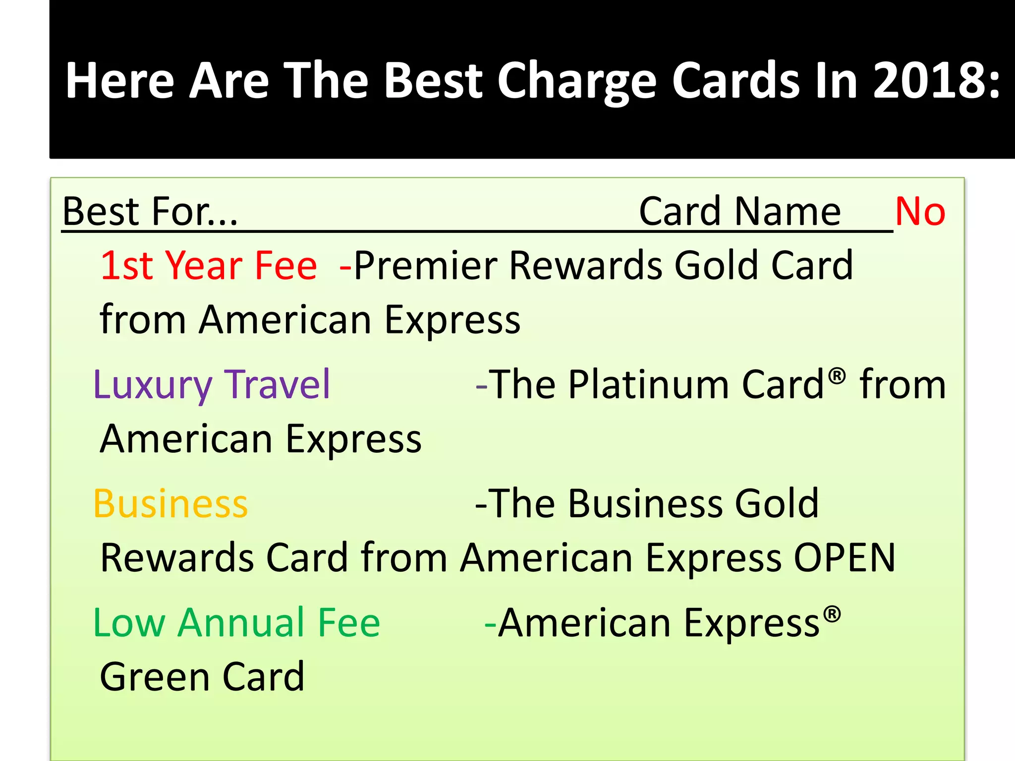 Here Are The Best Charge Cards In 2018:
Best For... Card Name No
1st Year Fee -Premier Rewards Gold Card
from American Express
Luxury Travel -The Platinum Card® from
American Express
Business -The Business Gold
Rewards Card from American Express OPEN
Low Annual Fee -American Express®
Green Card
 