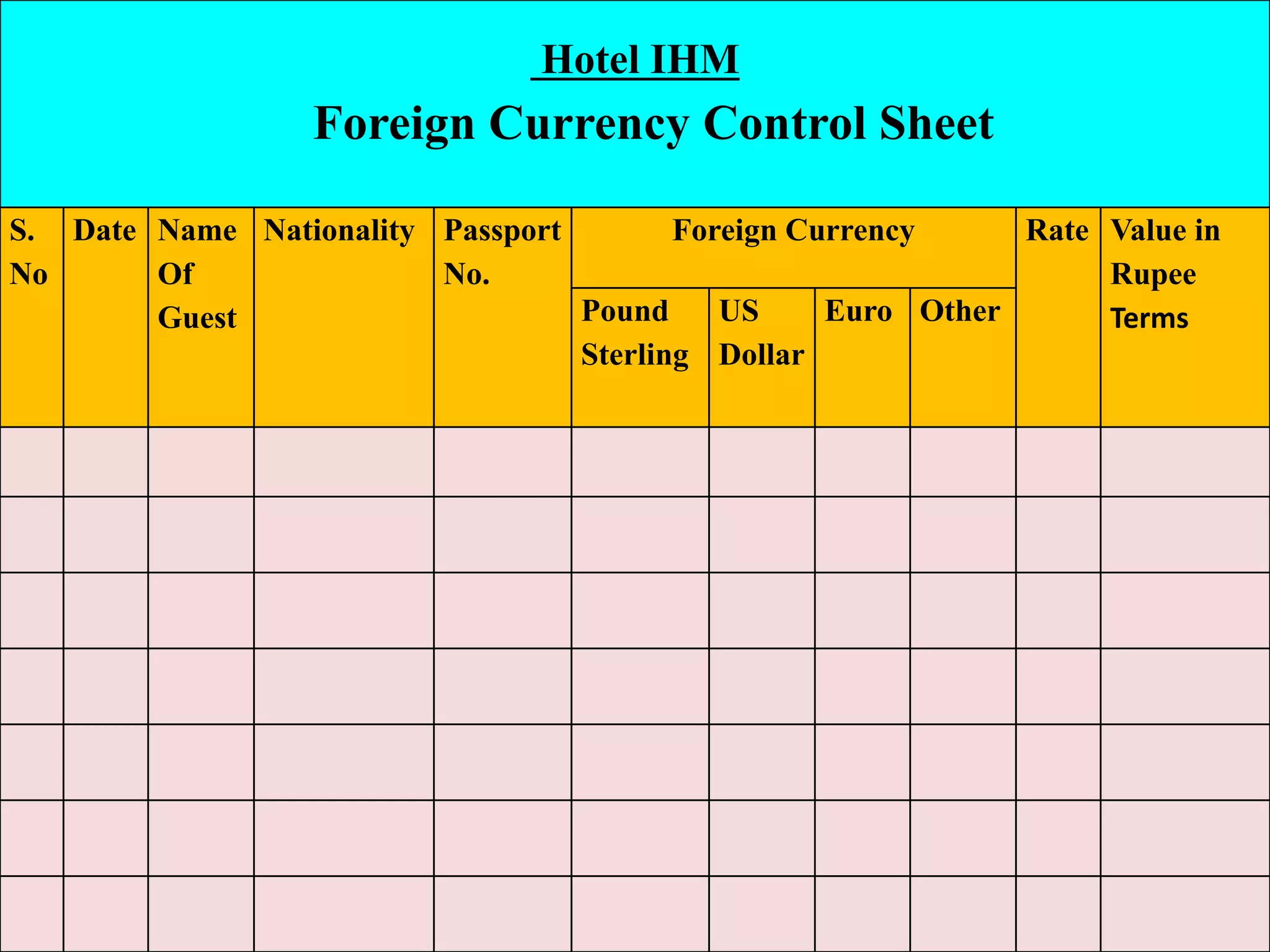 Hotel IHM
Foreign Currency Control Sheet
S.
No
Date Name
Of
Guest
Nationality Passport
No.
Foreign Currency Rate Value in
Rupee
TermsPound
Sterling
US
Dollar
Euro Other
 