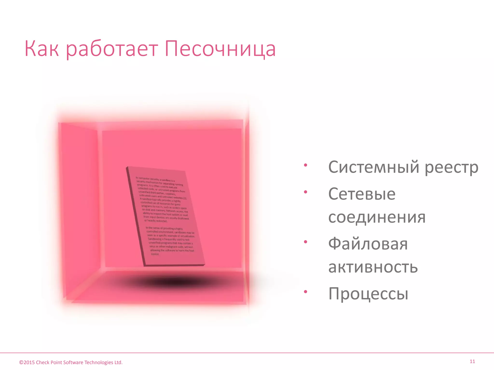 ©2015 Check Point Software Technologies Ltd. 11
Как работает Песочница
• Системный реестр
• Сетевые
соединения
• Файловая
активность
• Процессы
 