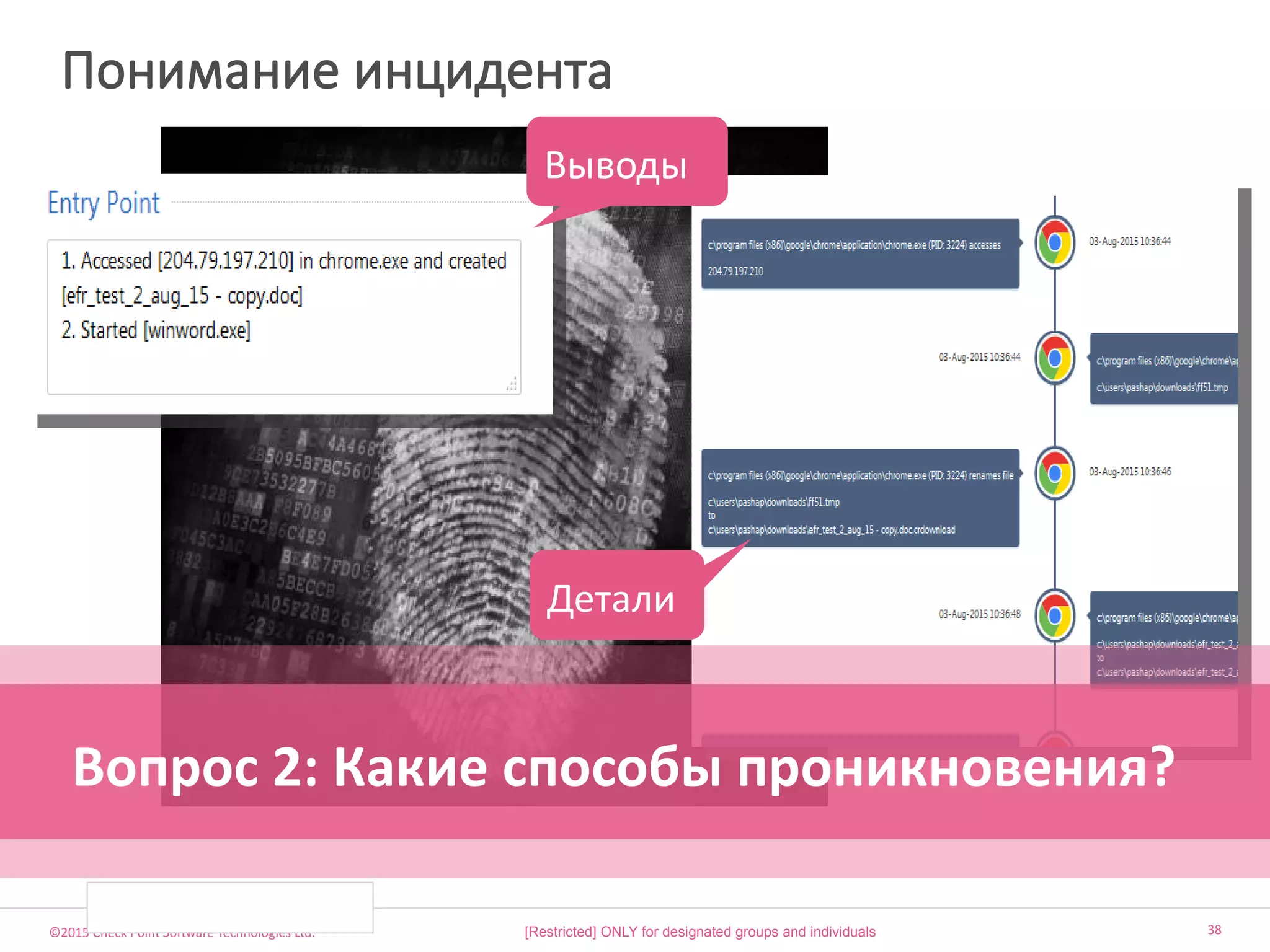 ©2015 Check Point Software Technologies Ltd. 38
Понимание инцидента
Выводы
Детали
Вопрос 2: Какие способы проникновения?
 [Restricted] ONLY for designated groups and individuals​
 