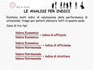 LE ANALISI PER INDICI
Esistono molti indici di valutazione delle performance di
un’azienda, troppi per poterli elencare tutti in questa sede.
Sono di tre tipi:


                         =


                             =


                             =
 