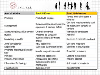 Area di attività                Punti di Forza                  Punti di debolezza
                                                                Tempo lento di risposta al
Processi                        Produttività elevata
                                                                mercato
                                                                Gestione mediocre dello staff
                                Buone capacità di acquisizione
Management                                                      ed assenza di percorsi di
                                e percorsi di carriera definiti
                                                                carriera
Struttura organizzativa formale Chiara e condivisa              Nebulosa o osteggiata
Budget                          Presente ed utilizzato          Assente
                                Buone capacità di vendita
Marketing e vendite                                             Ricerche di mercato mediocri
                                diretta
Altre competenze                R&D eccellente                  Gestione mediocre
Esperienze                      Successo sui mercati esteri     Sconfitte in alcuni paesi
Proprietà intellettuale e know-
                                Marchi, segreti industriali     Brevetti in scadenza
how
Immobili                        Posizione eccellente            Leasing indesiderati
Impianti, macchinari            Attrezzature specifiche         Impianti obsoleti
                                Buona gestione delle
Information Technology                                          Automazione scadente
                                informazioni
Finanziamenti                   Buon cash flow                  Indebitamento
 
