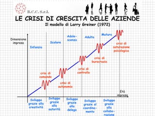 LE CRISI DI CRESCITA DELLE AZIENDE
                           Il modello di Larry Greiner (1972)

                                                                  Matura
                                       Adole-        Adulta
Dimensione                             scenza
 impresa                     Scolare                                         crisi di
              Infanzia                                                     saturazione
                                                                           psicologica

                                                              crisi di
                                                            burocrazia

                                                 crisi di
                     crisi di                   controllo
                    comando

                                   crisi di
                                  autonomia
                                                                                Età
                                                                              impresa
                            Sviluppo   Sviluppo
              Sviluppo                               Sviluppo      Sviluppo
                             grazie     grazie
             grazie alla                            grazie al       grazie
                              alla       alla
             creatività                             coordina-        alla
                            autorità    delega
                                                      mento        collabo-
                                                                   razione
 