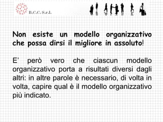 Non esiste un modello organizzativo
che possa dirsi il migliore in assoluto!

E’ però vero che ciascun modello
organizzativo porta a risultati diversi dagli
altri: in altre parole è necessario, di volta in
volta, capire qual è il modello organizzativo
più indicato.
 