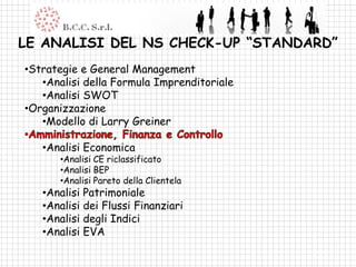 LE ANALISI DEL NS CHECK-UP “STANDARD”
•Strategie e General Management
   •Analisi della Formula Imprenditoriale
   •Analisi SWOT
•Organizzazione
   •Modello di Larry Greiner

   •Analisi Economica
      •Analisi CE riclassificato
      •Analisi BEP
      •Analisi Pareto della Clientela
   •Analisi Patrimoniale
   •Analisi dei Flussi Finanziari
   •Analisi degli Indici
   •Analisi EVA
 