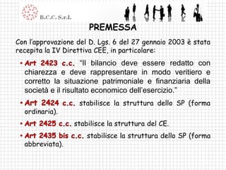 PREMESSA
Con l’approvazione del D. Lgs. 6 del 27 gennaio 2003 è stata
recepita la IV Direttiva CEE, in particolare:
                     “Il bilancio deve essere redatto con
  chiarezza e deve rappresentare in modo veritiero e
  corretto la situazione patrimoniale e finanziaria della
  società e il risultato economico dell’esercizio.”
                   stabilisce la struttura dello SP (forma
  ordinaria).
                  stabilisce la struttura del CE.
                      stabilisce la struttura dello SP (forma
  abbreviata).
 