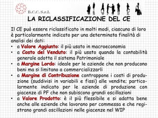 LA RICLASSIFICAZIONE DEL CE
Il CE può essere riclassificato in molti modi, ciascuno di loro
è particolarmente indicato per una determinata finalità di
analisi dei dati:
• a                    : il più usato in macroeconomia
• a                         : il più usato quando la contabilità
   generale adotta il sistema Patrimoniale
• a                  : ideale per le aziende che non producono
   beni ma si limitano a commercializzarli
• a                                 contrappone i costi di produ-
   zione (suddivisi in variabili e fissi) alle vendite; partico-
   larmente indicato per le aziende di produzione con
   giacenze di PF che non subiscono grandi oscillazioni
• a                     : è il più flessibile e si adatta bene
   anche alle aziende che lavorano per commessa e che regi-
   strano grandi oscillazioni nelle giacenze nel WIP
 