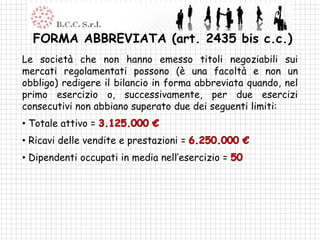FORMA ABBREVIATA (art. 2435 bis c.c.)
Le società che non hanno emesso titoli negoziabili sui
mercati regolamentati possono (è una facoltà e non un
obbligo) redigere il bilancio in forma abbreviata quando, nel
primo esercizio o, successivamente, per due esercizi
consecutivi non abbiano superato due dei seguenti limiti:
• Totale attivo =
• Ricavi delle vendite e prestazioni =
• Dipendenti occupati in media nell’esercizio =
 