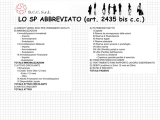 LO SP ABBREVIATO (art. 2435 bis c.c.)
A) CREDITI VERSO SOCI PER VERSAMENTI DOVUTI         A) PATRIMONIO NETTO
B) IMMOBILIZZAZIONI                                    I Capitale
    I Immobilizzazioni Immateriali                     II Riserva da sovrapprezzo delle azioni
         - Importo                                     III Riserva di Rivalutazione
         - Ammortamenti                                IV Riserva legale
         - Svalutazioni                                V Riserve statutarie
    II Immobilizzazioni Materiali                      VI Riserva azioni proprie in portafoglio
         - Importo                                     VII Altre riserve
         - Ammortamenti                                VIII Utili (Perdite) portati a nuovo
         - Svalutazioni                                IX Utile (Perdita) dell'Esercizio
    III Immobilizzazioni Finanziarie                       - Acconti su dividendi
         - Importo                                         - Copertura parziale perdita di esercizio
         -Svalutazioni                              B) FONDI PER RISCHI ED ONERI
TOTALE IMMOBILIZZAZIONI                             C) TRATTAMENTO FINE RAPPORTO LAVORO SUBORDINATO
C) ATTIVO CIRCOLANTE                                D) DEBITI (suddivisi in Entro 12 mesi ed Oltre)
    I Rimanenze                                     E) RATEI E RISCONTI
    II Crediti: Entro Oltre 12 mesi                 TOTALE PASSIVO
         -Entro i 12 mesi
         - Oltre
    III Attività Finanziarie non Immobilizzazioni
    IV Disponibilità Liquide
TOTALE ATTIVO CIRCOLANTE
D) RATEI E RISCONTI
TOTALE ATTIVO
 