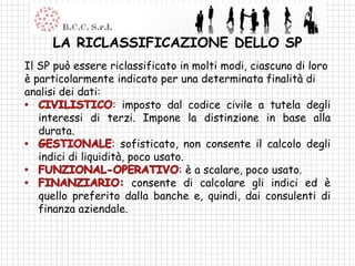 LA RICLASSIFICAZIONE DELLO SP
Il SP può essere riclassificato in molti modi, ciascuno di loro
è particolarmente indicato per una determinata finalità di
analisi dei dati:
                    : imposto dal codice civile a tutela degli
   interessi di terzi. Impone la distinzione in base alla
   durata.
                    : sofisticato, non consente il calcolo degli
   indici di liquidità, poco usato.
                                  : è a scalare, poco usato.
                         consente di calcolare gli indici ed è
   quello preferito dalla banche e, quindi, dai consulenti di
   finanza aziendale.
 