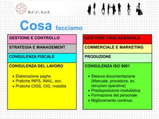 Cosa facciamo
GESTIONE E CONTROLLO                  GESTIONE CRISI AZIENDALE

  Analisi per indici e flussi
STRATEGIA E MANAGEMENT                  Elaborazione di E MARKETING
                                      COMMERCIALE piani di risanamento
  Schemi di controllo                  Attestazione di fattibilità del piano
  Cicli economici e finanziari
CONSULENZA FISCALE
    Business Plan                       Liquidazioni volontarie
                                      PRODUZIONE prezzi anche con
                                            Politica dei
                                          l’accordo dei creditori
  Analisi della redditività
    Direzione per obiettivi               Politica di remunerazione dei
                                        Concordati giudiziali9001
                                      CONSULENZA ISO e stragiudiziali
 Controllodecisionali e bilanci
CONSULENZA costi LAVORO
    Sistemi dei DEL
    Dichiarazioni fiscali                 venditori
                                            Pianificazione della produzione
                                        Analisi dello stato di insolvenza
 Controllodi delega contabili
    Elaborazione dati
    Sistemi e gestione delle scorte     Predisposizione di concordati delle
                                            Programmazione e lancio
                                            Animazione della forza vendita
 Budgeting delle funzioni e dei
    Elaborazionetributario
    Definizione paghe
    Contenzioso                          preventivi e accordi di ristrutturazione
                                            Stesura documentazione
                                            commesse
                                            Pubblicità, incentivi, e promozioni
 Tableaux de bord
    Pratiche INPS, INAIL, ecc.
    compiti della natura giuridica
    Modifiche                            dei debiti dell’efficienza
                                            Controllo commerciali
                                            (Manuale,
                                            Statistiche procedure, ev.
  Pratiche CIGS,funzionali
    Organigrammi CIG, mobilità          Transazioni operative)percentuali di
                                            istruzioni fiscali con
                                            produttivadei risultati
                                            Controllo
  Pianificazione finanziaria
  Flussi informativi                    pagamentooperativo
                                            Margine ridotte modulistica
                                            Predisposizione
                                            Analisi dei margini
  Gestione delle risorse umane         Assistenza nelle procedure aperte
                                            Formazione del dei prodotti
                                            Posizionamento personale
                                            Stato avanzamento lavori
  Scelta della Formula                  presso i tribunaliapprovvigionamenti
                                            Miglioramentodi Milano, Bergamo e
                                            Politica degli continuo
                                          Lodi
    Imprenditoriale
 