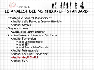 LE ANALISI DEL NS CHECK-UP “STANDARD”
•Strategie e General Management
   •Analisi della Formula Imprenditoriale
   •Analisi SWOT
•Organizzazione
   •Modello di Larry Greiner
•Amministrazione, Finanza e Controllo
   •Analisi Economica
      •Analisi CE riclassificato
      •Analisi BEP
      •Analisi Pareto della Clientela
   •Analisi Patrimoniale
   •Analisi dei Flussi Finanziari

   •Analisi EVA
 