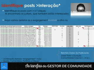 Identifique posts >Interação* 
Identifique os posts com > n.º cliques 
Aí encontrará os Lurkers, que também estão interessados 
Aqui vamos detetar as o engagement invisível a olho nu 
Relatório Dados da Publicação 
Sheet Toda a Duração 
Consumidores Colunas I, J, K e L 
* A interação (famoso “engagement” inclui: 
- Gostos, Comentários, Partilhas e Cliques”. 
 