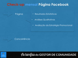Check-up mensal Página Facebook 
Página 
Concorrência 
• Resultados Estatísticas 
• Análises Qualitativas 
• Avaliação da Estratégia Promocional 
 