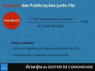 Alcance das Publicações junto Fãs 
FAN REACH 
por post 
n.º Fãs alcançados por post 
N.º total fãs(dia) 
x100 
Vamos constatar: 
• Alcance orgânico por tipo de posts junto dos fãs 
• Impacto Pub. Facebook no Alcance Fãs 
 