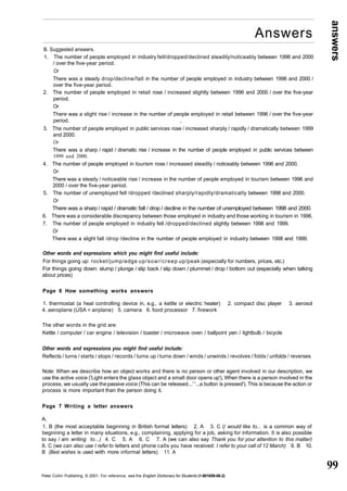 answers 
99 
Answers 
B. Suggested answers. 
1. The number of people employed in industry fell/dropped/declined steadily/noticeably between 1996 and 2000 
/ over the five-year period. 
Or 
There was a steady drop/decline/fall in the number of people employed in industry between 1996 and 2000 / 
over the five-year period. 
2. The number of people employed in retail rose / increased slightly between 1996 and 2000 / over the five-year 
period. 
Or 
There was a slight rise / increase in the number of people employed in retail between 1996 / over the five-year 
period. , 
3. The number of people employed in public services rose / increased sharply / rapidly / dramatically between 1999 
and 2000. 
Or 
There was a sharp / rapid / dramatic rise / increase in the number of people employed in public services between 
1999 and 2000. 
4. The number of people employed in tourism rose / increased steadily / noticeably between 1996 and 2000. 
Or 
There was a steady / noticeable rise / increase in the number of people employed in tourism between 1996 and 
2000 / over the five-year period. 
5. The number of unemployed fell /dropped /declined sharply/rapidly/dramatically between 1998 and 2000. 
Or 
There was a sharp / rapid / dramatic fall / drop / decline in the number of unemployed between 1998 and 2000. 
6. There was a considerable discrepancy between those employed in industry and those working in tourism in 1996. 
7. The number of people employed in industry fell /dropped/declined slightly between 1998 and 1999. 
Or 
There was a slight fall /drop /decline in the number of people employed in industry between 1998 and 1999. 
Other words and expressions which you might find useful include: 
For things going up: rocket/jump/edge up/soar/creep up/peak (especially for numbers, prices, etc.) 
For things going down: slump / plunge / slip back / slip down / plummet / drop / bottom out (especially when talking 
about prices) 
Page 6 How something works answers 
1. thermostat (a heat controlling device in, e.g., a kettle or electric heater) 2. compact disc player 3. aerosol 
4. aeroplane (USA = airplane) 5. camera 6. food processor 7. firework 
The other words in the grid are: 
Kettle / computer / car engine / television / toaster / microwave oven / ballpoint pen / lightbulb / bicycle 
Other words and expressions you might find useful include: 
Reflects / turns / starts / stops / records / turns up / turns down / winds / unwinds / revolves / folds / unfolds / reverses 
Note: When we describe how an object works and there is no person or other agent involved in our description, we 
use the active voice ('Light enters the glass object and a small door opens up'), When there is a person involved in the 
process, we usually use the passive voice (This can be released...' '...a button is pressed'). This is because the action or 
process is more important than the person doing it. 
Page 7 Writing a letter answers 
A. 
1. B (the most acceptable beginning in British formal letters) 2. A 3. C (/ would like to... is a common way of 
beginning a letter in many situations, e.g., complaining, applying for a job, asking for information. It is also possible 
to say / am writing to...) 4. C 5. A 6. C 7. A (we can also say Thank you for your attention to this matter) 
8. C (we can also use I refer to letters and phone calls you have received: I refer to your call of 12 March) 9. B 10. 
B (Best wishes is used with more informal letters) 11. A 
Peter Collin Publishing. © 2001. For reference, see the English Dictionary for Students (1-901659-06-2) 
 