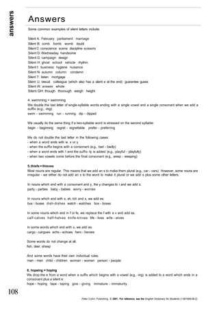 answers 
108 
Answers 
Some common examples of silent letters include: 
Silent A: February parliament marriage 
Silent B: comb bomb womb doubt 
Silent C: conscience scene discipline scissors 
Silent D: Wednesday handsome 
Silent G: campaign design 
Silent H: ghost school vehicle rhythm 
Silent I: business hygiene nuisance 
Silent N: autumn column condemn 
Silent T: listen mortgage 
Silent U; biscuit colleague (which also has a silent e at the end) guarantee guess 
Silent W: answer whole 
Silent GH: though thorough weigh height 
4. swimming = swimming 
We double the last letter of single-syllable words ending with a single vowel and a single consonant when we add a 
suffix (e.g., -ing): 
swim - swimming run - running dip - dipped 
We usually do the same thing if a two-syllable word is stressed on the second syllable: 
begin - beginning regret - regrettable prefer - preferring 
We do not double the last letter in the following cases: 
- when a word ends with w, x or y 
- when the suffix begins with a consonant (e.g., bad - badly) 
- when a word ends with I and the suffix -ly is added (e.g., playful - playfully) 
- when two vowels come before the final consonant (e.g., weep - weeping) 
5. thiefs = thieves 
Most nouns are regular. This means that we add an s to make them plural (e.g., car - cars). However, some nouns are 
irregular - we either do not add an s to the word to make it plural or we add s plus some other letters. 
In nouns which end with a consonant and y, the y changes to i and we add s: 
party - parties baby - babies worry - worries 
In nouns which end with s, sh, tch and x, we add es: 
bus - buses dish-dishes watch - watches box - boxes 
In some nouns which end in f or fe, we replace the f with a v and add es. 
calf-calves half-halves knife-knives life - lives wife - wives 
In some words which end with o, we add es. 
cargo - cargoes echo - echoes hero - heroes 
Some words do not change at all. 
fish, deer, sheep 
And some words have their own individual rules: 
man - men child - children woman - women person - people 
6. hopeing = hoping 
We drop the e from a word when a suffix which begins with a vowel (e.g., -ing) is added to a word which ends in a 
consonant plus a silent e: 
hope - hoping tape - taping give - giving immature - immaturity 
Peter Collin Publishing. © 2001. For reference, see the English Dictionary for Students (1-901659-06-2) 
 