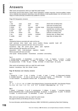 answers 
118 
Other words and expressions which you might find useful include: 
discriminate / second-class citizens / unisex / sexist / exploitation / cohabit / masculine - feminine qualities / modern 
man (a relatively new expression describing a man who believes in total equality between men and women and is 
happy to do tasks previously considered only suitable for a woman) 
Page 90 Geography answers 
Task 1 
1 . tree 
2. footpath 
3. hillock 
4. hollow 
5. inlet 
6. brook 
7, city 
8. puddle 
copse 
track 
hill 
gorge 
cove 
stream 
county 
pond 
wood 
lane 
mountain 
valley 
bay 
river 
country 
lake 
forest 
road 
mountain range 
plain 
gulf 
estuary 
continent 
ocean 
(beach does not belong here) 
(peak does not belong here) 
(shore does not belong here) 
(waterfall does not belong here) 
(ridge does not belong here) 
(cliff does not belong here) 
(tributary does not belong here) 
(cape does not belong here) 
Task 2 
Geographical features associated with water and the sea: 
coast peninsula shore beach cape source coastline tributary waterfall mouth cliff 
Geographical features associated with land, hills and mountains: 
mountainous ridge cliff summit glacier plateau peak highlands 
Words associated with agriculture and rural land: 
depopulation fertile under-developed vegetation irrigation 
Words associated with towns and cities: 
urban sprawl densely populated industrialised conurbation overcrowding 
Task 3 
1. densely populated 2. industrialised 3. urban sprawl 4. city 5. irrigation 6. source 
8. mountain range 9. depopulation 10. Valley 11. waterfalls 12. streams 13. lane 14. track 
16. cape/peninsula 17. hills 18. plain 19. delta 20. fertile 21. shore / beach 22. country 
7. peaks 
15. Ocean 
Other words and expressions which you might find useful include: 
lowlands / mountainous / hilly / flat / climate / diverse 
Page 92 Business and industry answers 
Task 1 
1. demand for 2. loss 3. net 4. lending 5. credit 6. retail 7. private 8. State-owned industries 
9. Unskilled labourers 10. take on (we can also use the word employ) 11. White-collar 12. exports 
13. bust / recession 14. employees / workers / staff 15. expenditure 16. shop floor 
Task 2 
1.F 2. L 
7. A 8. E 
3. O 4. H 5. M 6. C (GNP = Gross National Product. Compare this with GDP - Gross Domestic Product) 
9. B 10. G 11. K 12. J 13. D 14. P 15. Q (VAT = Value Added Tax) 16. I 17. N 
Task 3 
1. Interest 2. borrowing 3. lay off 4. unemployment 5. Inflation 6. exports 7. secondary industries 
8. Blue-collar/White-collar 9. state-owned/ nationalised 10. salaries 11. management 12. public 13. Demand 
14. supply 15. revenue/ income 16. nationalised 17. deficit 18. automation 
Other words and expressions which you might find useful include: 
See pages 53 (Work) and 56 (Money & finance) in this book 
For more information, see the Dictionary of Business, (ISBN 1-901659-50-X), published by Peter Collin Publishing. 
Peter Collin Publishing. © 2001. For reference, see the English Dictionary for Students (1-901659-06-2) 
Answers 
 