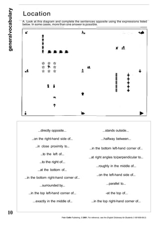 general vocabulary 10 
A. Look at this diagram and complete the sentences opposite using the expressions listed 
below. In some cases, more than one answer is possible. 
...directly opposite... ...stands outside... 
...on the right-hand side of... ...halfway between... 
...in close proximity to... 
...in the bottom left-hand corner of... 
...to the left of... 
...at right angles to/perpendicular to... 
...to the right of... 
...roughly in the middle of... 
...at the bottom of... 
...on the left-hand side of... 
...in the bottom right-hand corner of... 
...surrounded by... ...parallel to... 
...in the top left-hand corner of... -at the top of... 
...exactly in the middle of... ...in the top right-hand corner of... 
Peter Collin Publishing. © 2001. For reference, see the English Dictionary for Students (1-901659-06-2) 
Location 
 