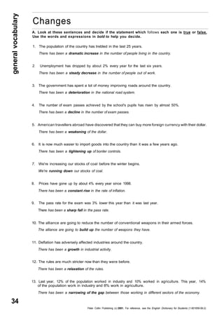 general vocabulary 34 
Changes 
A. Look at these sentences and decide if the statement which follows each one is true or false. 
Use the words and expressions in bold to help you decide. 
1. The population of the country has trebled in the last 25 years. 
There has been a dramatic increase in the number of people living in the country. 
2. Unemployment has dropped by about 2% every year for the last six years. 
There has been a steady decrease in the number of people out of work. 
3. The government has spent a lot of money improving roads around the country. 
There has been a deterioration in the national road system. 
4. The number of exam passes achieved by the school's pupils has risen by almost 50%. 
There has been a decline in the number of exam passes. 
5. American travellers abroad have discovered that they can buy more foreign currency with their dollar. 
There has been a weakening of the dollar. 
6. It is now much easier to import goods into the country than it was a few years ago. 
There has been a tightening up of border controls. 
7. We're increasing our stocks of coal before the winter begins. 
We're running down our stocks of coal. 
8. Prices have gone up by about 4% every year since 1998. 
There has been a constant rise in the rate of inflation. 
9. The pass rate for the exam was 3% lower this year than it was last year. 
There has been a sharp fall in the pass rate. 
10. The alliance are going to reduce the number of conventional weapons in their armed forces. 
The alliance are going to build up the number of weapons they have. 
11. Deflation has adversely affected industries around the country. 
There has been a growth in industrial activity. 
12. The rules are much stricter now than they were before. 
There has been a relaxation of the rules. 
13. Last year, 12% of the population worked in industry and 10% worked in agriculture. This year, 14% 
of the population work in industry and 8% work in agriculture. 
There has been a narrowing of the gap between those working in different sectors of the economy. 
Peter Collin Publishing. (c) 2001. For reference, see the English Dictionary for Students (1-901659-06-2) 
 