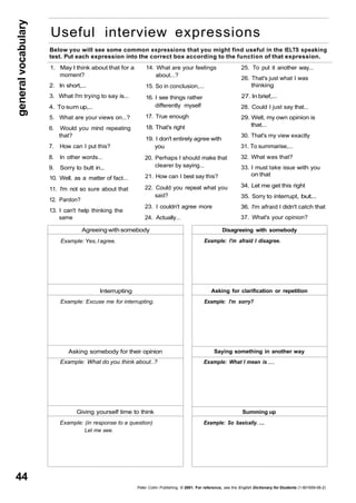 44general vocabulary 
Useful interview expressions 
Below you will see some common expressions that you might find useful in the IELTS speaking 
test. Put each expression into the correct box according to the function of that expression. 
1. May I think about that for a 
Agreeing with somebody 
Example: Yes, I agree. 
Interrupting 
Example: Excuse me for interrupting. 
Asking somebody for their opinion 
Example: What do you think about..? 
Giving yourself time to think 
Example: (in response to a question) 
Let me see. 
Disagreeing with somebody 
Example: I'm afraid I disagree. 
Asking for clarification or repetition 
Example: I'm sorry? 
Saying something in another way 
Example: What I mean is 
Summing up 
Example: So basically. .... 
Peter Collin Publishing. © 2001. For reference, see the English Dictionary for Students (1-901659-06-2) 
moment? 
2. In short,... 
3. What I'm trying to say is... 
4. To sum up,... 
5. What are your views on...? 
6. Would you mind repeating 
that? 
7. How can I put this? 
8. In other words... 
9. Sorry to butt in... 
10. Well, as a matter of fact... 
11. I'm not so sure about that 
12. Pardon? 
13. I can't help thinking the 
same 
14. What are your feelings 
about...? 
15. So in conclusion,... 
16. I see things rather 
differently myself 
17. True enough 
18. That's right 
19. I don't entirely agree with 
you 
20. Perhaps I should make that 
clearer by saying... 
21. How can I best say this? 
22. Could you repeat what you 
said? 
23. I couldn't agree more 
24. Actually... 
25. To put it another way... 
26. That's just what I was 
thinking 
27. In brief,... 
28. Could I just say that... 
29. Well, my own opinion is 
that... 
30. That's my view exactly 
31. To summarise,... 
32. What was that? 
33. I must take issue with you 
on that 
34. Let me get this right 
35. Sorry to interrupt, but... 
36. I'm afraid I didn't catch that 
37. What's your opinion? 
 