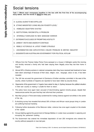 topic specific vocabulary 
68 
Social tensions 
Task 1: Match each newspaper headline in the box with the first line of its accompanying 
story below. Use the words in BOLD to help you. 
A. ILLEGAL ALIENS TO BE EXPELLED 
B. ETHNIC MINORITIES 'LIVING BELOW POVERTY LEVEL' 
C. HOMELESS SQUATTERS EVICTED 
D. INSTITUTIONAL RACISM STILL A PROBLEM 
E. INTERNALLY DISPLACED IN NEW GENOCIDE HORROR 
F. EXTREMISTS ACCUSED OF PROMPTING HOSTILITY 
G. UNREST. RIOTS AND ANARCHY CONTINUE 
H. REBELS VICTORIOUS IN LATEST POWER STRUGGLE 
I. DISCRIMINATION AND EXPLOITATION A MAJOR PROBLEM IN BRITISH INDUSTRY 
J. DISSIDENTS ASK AUSTRALIAN GOVERNMENT FOR POLITICAL ASYLUM 
1. Officers from the Thames Valley Police Force swooped on a house in Kidlington earlier this morning 
and forcibly removed a family who had been staying there illegally since they lost their home in 
August. 
2. Almost 50% of factory workers in national companies claim they have received bad treatment or have 
been taken advantage of because of their class, religion, race , language, colour or sex, it has been 
revealed. 
3. The UN has accused the government of Zarislavia of further atrocities committed in the west of the 
country, where hundreds of migrants are reported to have been killed by security forces. 
4. Opponents of the government in Yugaria have asked to stay in Sydney because the political situation 
in their own country is making it unsafe for them to return. 
5. The police have once again been accused of discriminating against minority groups, despite their 
reassurances earlier this year that they had reformed their practices. 
6. Neo-Nazi groups in Paris were today condemned for inciting violence against non-whites in the centre 
of the city, 
7. A shocking survey has revealed that almost 30% of Asian and African racial groups living in London 
are suffering financial hardship. 
8. Following further devaluation of the Malovian dollar, violence has once again erupted on the streets 
of the capital. 
9. Groups fighting against the government of George Malikes in Livatia have succeeded in capturing and 
occupying the parliament building. 
10. The Government has ordered the immediate deportation of over 200 immigrants who entered the 
country without passports or visas last year. 
Peter Collin Publishing. © 2001. For reference, see the English Dictionary for Students (1-901659-06-2) 
 