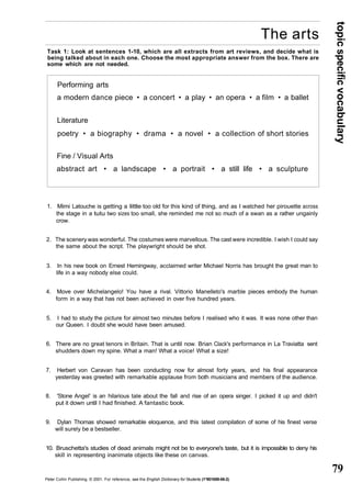 topic specific vocabulary 
79 
The arts 
Task 1: Look at sentences 1-10, which are all extracts from art reviews, and decide what is 
being talked about in each one. Choose the most appropriate answer from the box. There are 
some which are not needed. 
Performing arts 
a modern dance piece • a concert • a play • an opera • a film • a ballet 
Literature 
poetry • a biography • drama • a novel • a collection of short stories 
Fine / Visual Arts 
abstract art • a landscape • a portrait • a still life • a sculpture 
1. Mimi Latouche is getting a little too old for this kind of thing, and as I watched her pirouette across 
the stage in a tutu two sizes too small, she reminded me not so much of a swan as a rather ungainly 
crow. 
2. The scenery was wonderful. The costumes were marvellous. The cast were incredible. I wish I could say 
the same about the script. The playwright should be shot. 
3. In his new book on Ernest Hemingway, acclaimed writer Michael Norris has brought the great man to 
life in a way nobody else could. 
4. Move over Michelangelo! You have a rival. Vittorio Manelleto's marble pieces embody the human 
form in a way that has not been achieved in over five hundred years. 
5. I had to study the picture for almost two minutes before I realised who it was. It was none other than 
our Queen. I doubt she would have been amused. 
6. There are no great tenors in Britain. That is until now. Brian Clack's performance in La Traviatta sent 
shudders down my spine. What a man! What a voice! What a size! 
7. Herbert von Caravan has been conducting now for almost forty years, and his final appearance 
yesterday was greeted with remarkable applause from both musicians and members of the audience. 
8. 'Stone Angel' is an hilarious tale about the fall and rise of an opera singer. I picked it up and didn't 
put it down until I had finished. A fantastic book. 
9. Dylan Thomas showed remarkable eloquence, and this latest compilation of some of his finest verse 
will surely be a bestseller. 
10. Bruschetta's studies of dead animals might not be to everyone's taste, but it is impossible to deny his 
skill in representing inanimate objects like these on canvas. 
Peter Collin Publishing. © 2001. For reference, see the English Dictionary for Students (1*901659-06-2) 
 