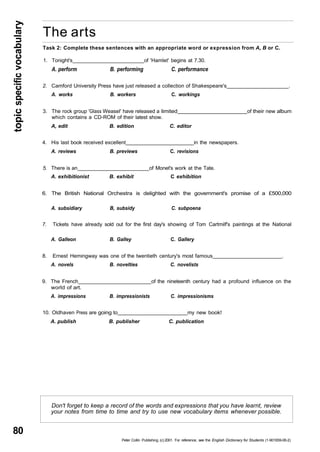 topic specific vocabulary 80 
The arts 
Task 2: Complete these sentences with an appropriate word or expression from A, B or C. 
1. Tonight's of 'Hamlet' begins at 7.30. 
A. perform B. performing C. performance 
2. Camford University Press have just released a collection of Shakespeare's . 
A. works B. workers C. workings 
3. The rock group 'Glass Weasel' have released a limited of their new album 
which contains a CD-ROM of their latest show. 
A, edit B. edition C. editor 
4. His last book received excellent in the newspapers. 
A. reviews B. previews C. revisions 
5. There is an of Monet's work at the Tate. 
A. exhibitionist B. exhibit C exhibition 
6. The British National Orchestra is delighted with the government's promise of a £500,000 
A. subsidiary B, subsidy C. subpoena 
7. Tickets have already sold out for the first day's showing of Tom Cartmilf's paintings at the National 
A. Galleon B. Galley C. Gallery 
8. Ernest Hemingway was one of the twentieth century's most famous . 
A. novels B. novelties C. novelists 
9. The French of the nineteenth century had a profound influence on the 
world of art. 
A. impressions B. impressionists C. impressionisms 
10. Oldhaven Press are going to my new book! 
A. publish B. publisher C. publication 
Don't forget to keep a record of the words and expressions that you have learnt, review 
your notes from time to time and try to use new vocabulary items whenever possible. 
Peter Collin Publishing. (c) 2001. For reference, see the English Dictionary for Students (1-901659-06-2) 
 