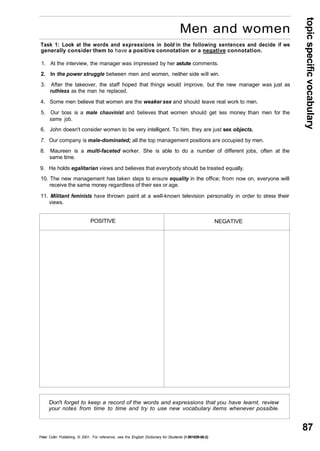 topic specific vocabulary 
87 
Men and women 
Task 1: Look at the words and expressions in bold in the following sentences and decide if we 
generally consider them to have a positive connotation or a negative connotation. 
1. At the interview, the manager was impressed by her astute comments. 
2. In the power struggle between men and women, neither side will win. 
3. After the takeover, the staff hoped that things would improve, but the new manager was just as 
ruthless as the man he replaced. 
4. Some men believe that women are the weaker sex and should leave real work to men. 
5. Our boss is a male chauvinist and believes that women should get less money than men for the 
6. John doesn't consider women to be very intelligent. To him, they are just sex objects. 
7. Our company is male-dominated; all the top management positions are occupied by men. 
8. Maureen is a multi-faceted worker. She is able to do a number of different jobs, often at the 
9. He holds egalitarian views and believes that everybody should be treated equally. 
10. The new management has taken steps to ensure equality in the office; from now on, everyone will 
receive the same money regardless of their sex or age. 
11. Militant feminists have thrown paint at a well-known television personality in order to stress their 
POSITIVE NEGATIVE 
same job. 
same time. 
views. 
Don't forget to keep a record of the words and expressions that you have learnt, review 
your notes from time to time and try to use new vocabulary items whenever possible. 
Peter Collin Publishing. © 2001. For reference, see the English Dictionary for Students (1-901659-06-2) 
 
